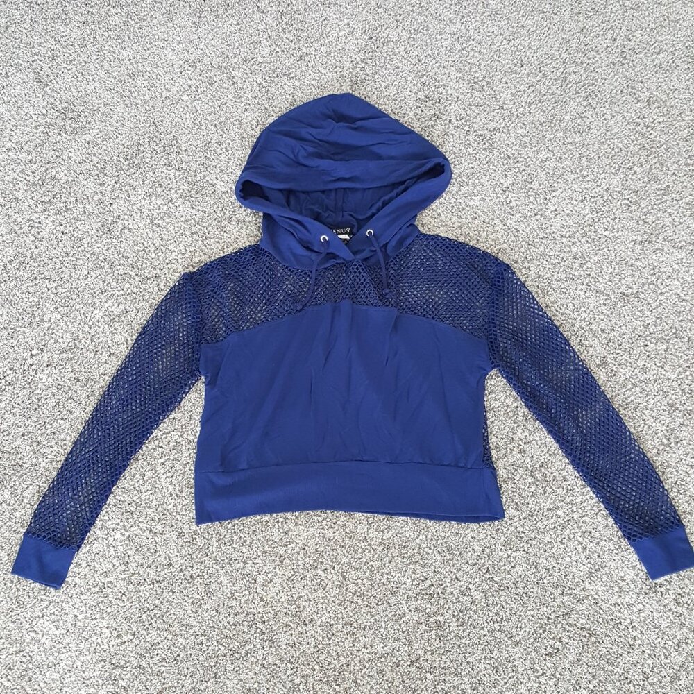 NEW Venus Cropped Mesh Hoodie Top Cover-Up Blue Hooded Long Sleeve Sweatshirt - Picture 4 of 13